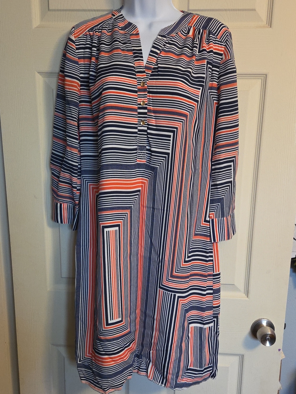 Trina Turk Geometric Striped Split-Neck Shift Dress Size 6